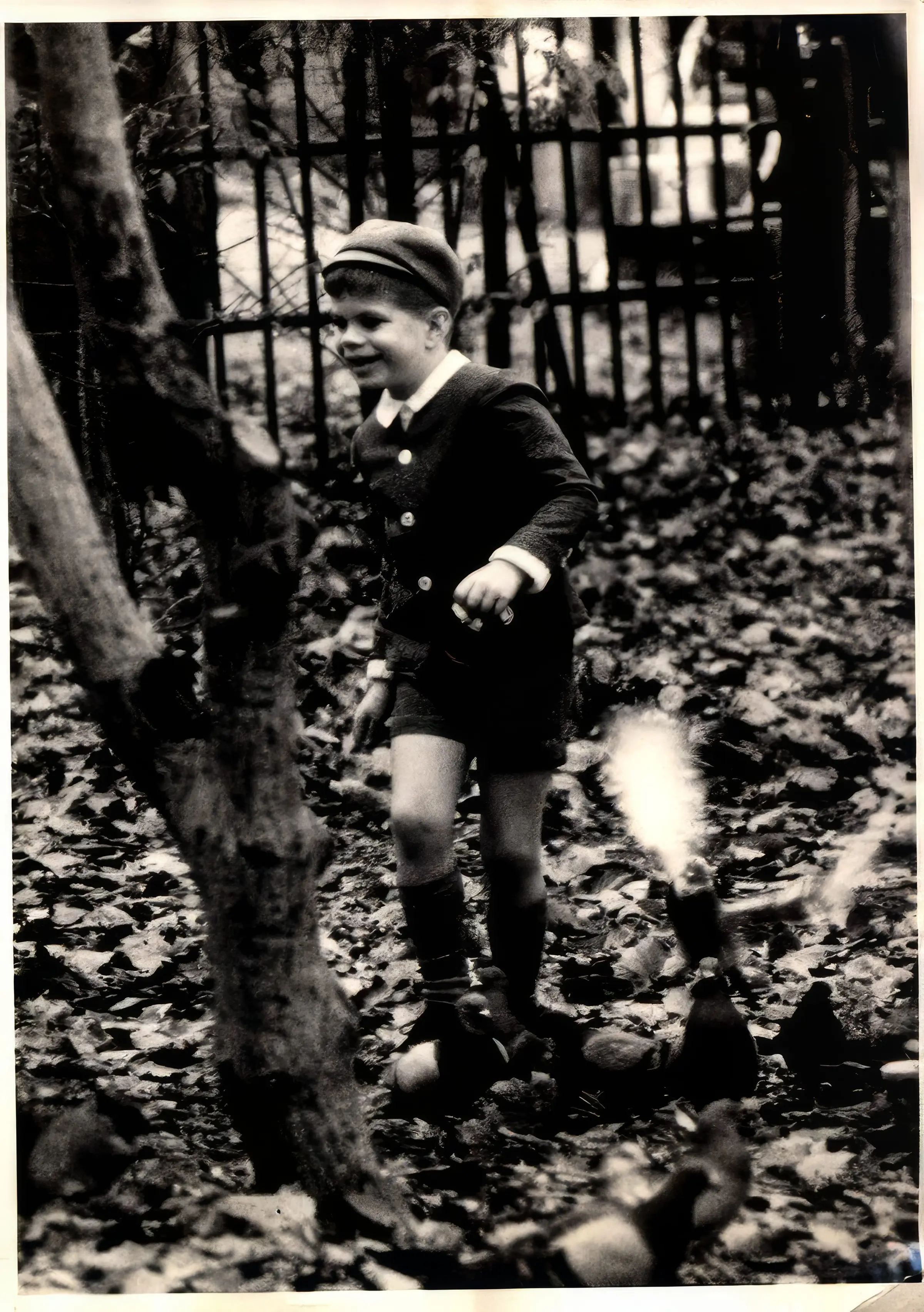 Young boy dressed up playing in a forest